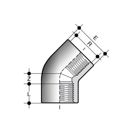 Disegno tecnico gomito a 45° HFV